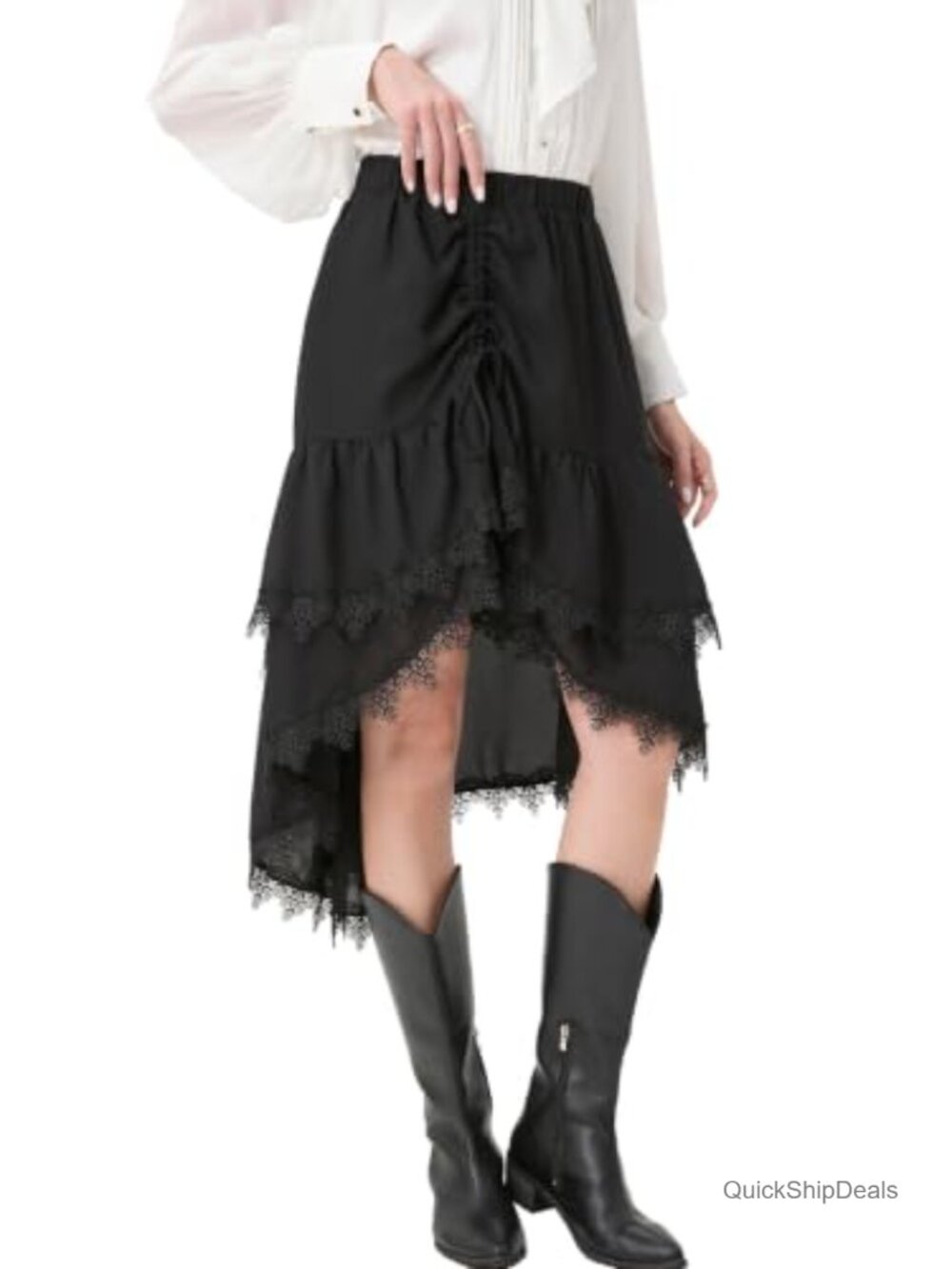 Gothic High Low Midi Skirt Tiered Ruffle Lace Asymmetrical Renaissance